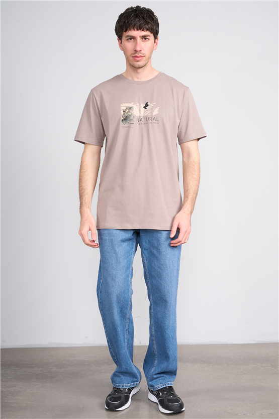 Çetinkaya Mentality 4383 Bisiklet Yaka Regular Baskılı T-shirt Koyu Vizon