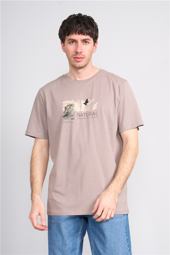 Çetinkaya Mentality 4383 Bisiklet Yaka Regular Baskılı T-shirt Koyu Vizon