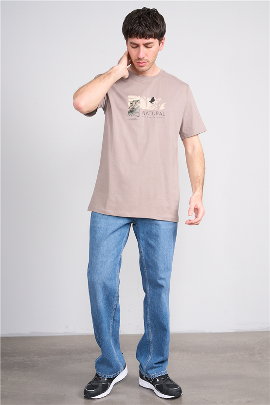 Çetinkaya Mentality 4383 Bisiklet Yaka Regular Baskılı T-shirt Koyu Vizon