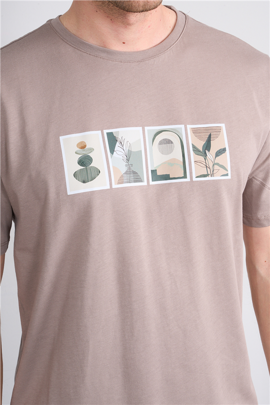 Çetinkaya Mentality 4384 Bisiklet Yaka Regular Baskılı T-shirt Koyu Vizon
