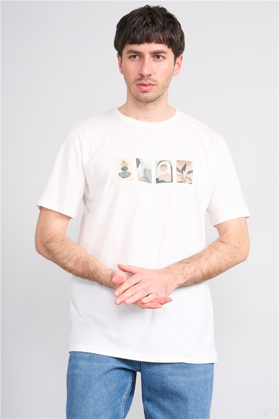 Çetinkaya Mentality 4384 Bisiklet Yaka Regular Baskılı T-shirt Krem