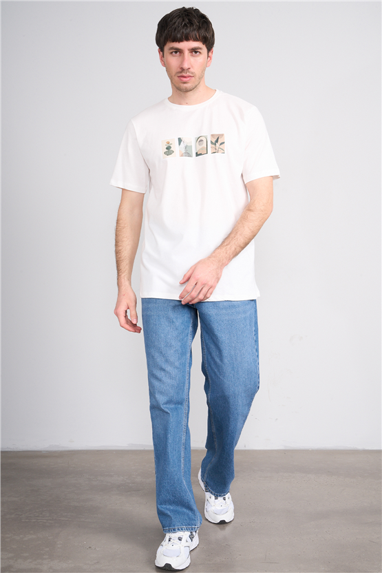 Çetinkaya Mentality 4384 Bisiklet Yaka Regular Baskılı T-shirt Krem