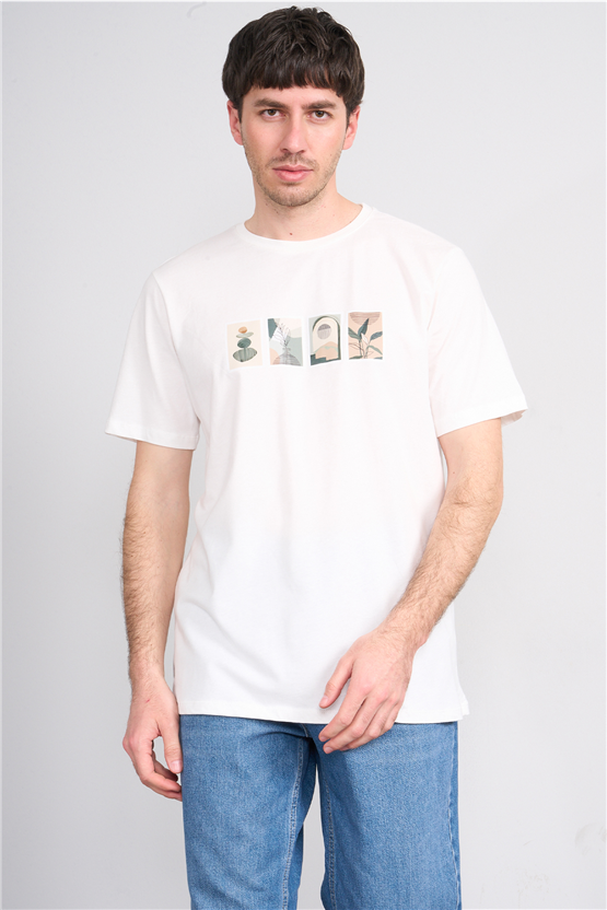 Çetinkaya Mentality 4384 Bisiklet Yaka Regular Baskılı T-shirt Krem