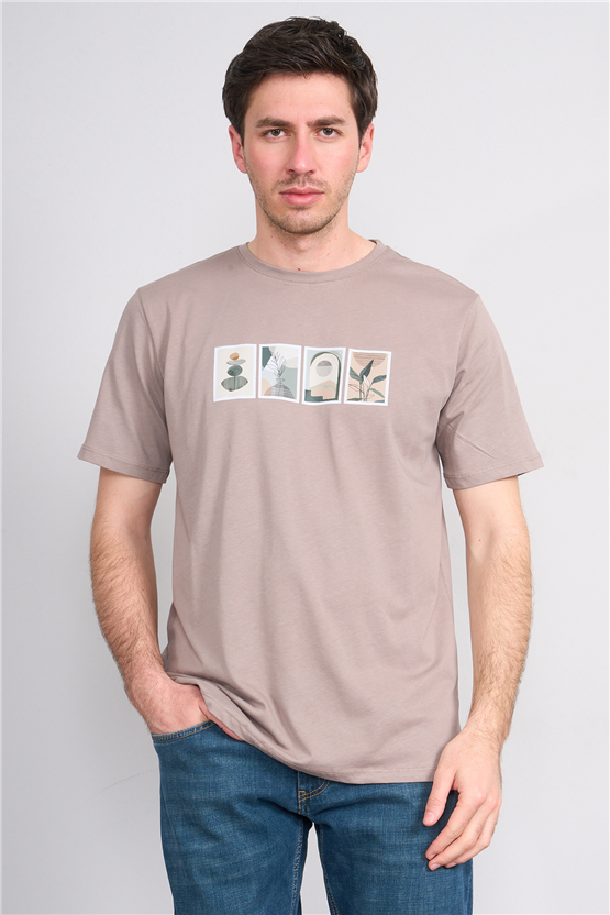 Çetinkaya Mentality 4384 Bisiklet Yaka Regular Baskılı T-shirt Koyu Vizon