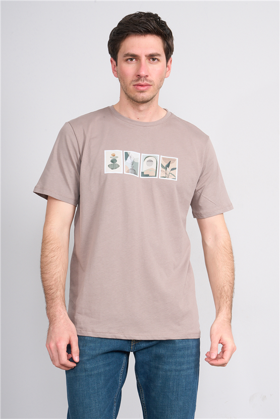 Çetinkaya Mentality 4384 Bisiklet Yaka Regular Baskılı T-shirt Koyu Vizon