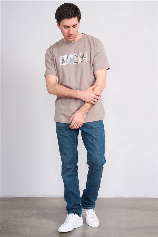 Çetinkaya Mentality 4384 Bisiklet Yaka Regular Baskılı T-shirt Koyu Vizon