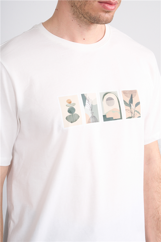 Çetinkaya Mentality 4384 Bisiklet Yaka Regular Baskılı T-shirt Krem