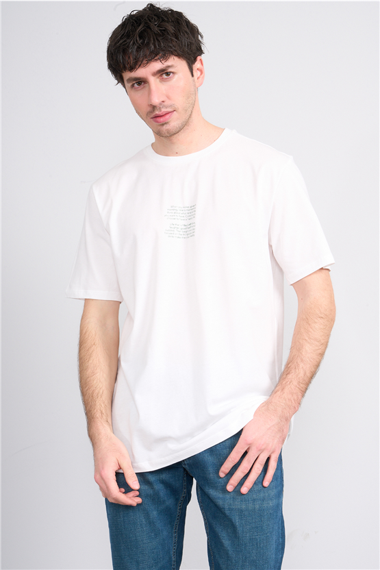 Çetinkaya Mentality 4398 Bisiklet Yaka Regular Baskılı T-shirt Krem