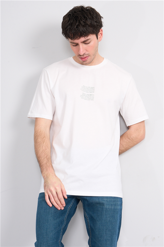 Çetinkaya Mentality 4398 Bisiklet Yaka Regular Baskılı T-shirt Krem