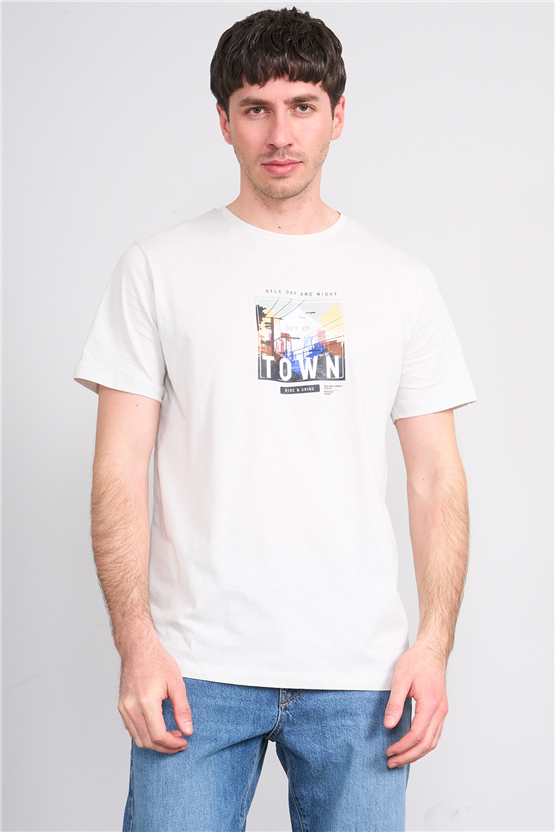 Çetinkaya Mentality 4403 Bisiklet Yaka Regular Baskılı T-shirt Taş