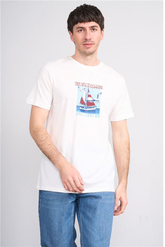 Çetinkaya Mentality 4417 Bisiklet Yaka Regular Baskılı T-shirt Krem