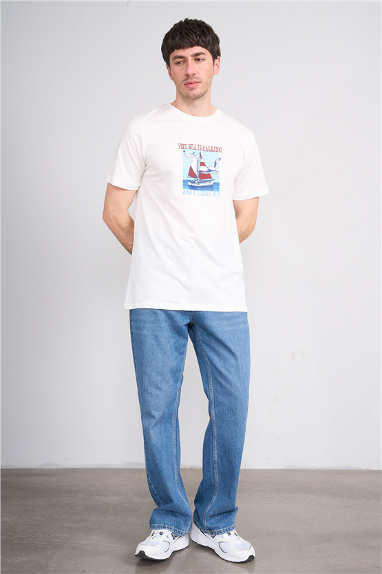 Çetinkaya Mentality 4417 Bisiklet Yaka Regular Baskılı T-shirt Krem