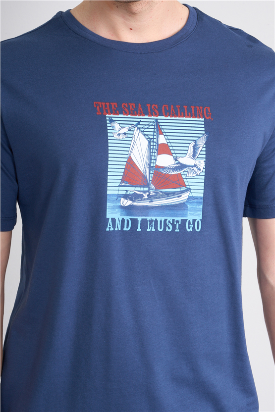 Çetinkaya Mentality 4417 Bisiklet Yaka Regular Baskılı T-shirt İndigo