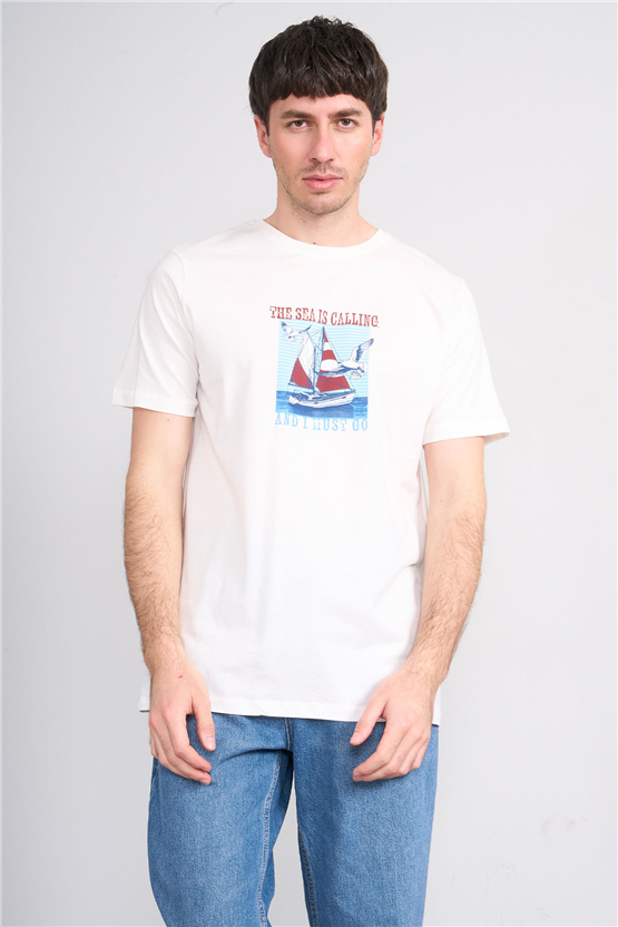 Çetinkaya Mentality 4417 Bisiklet Yaka Regular Baskılı T-shirt Krem