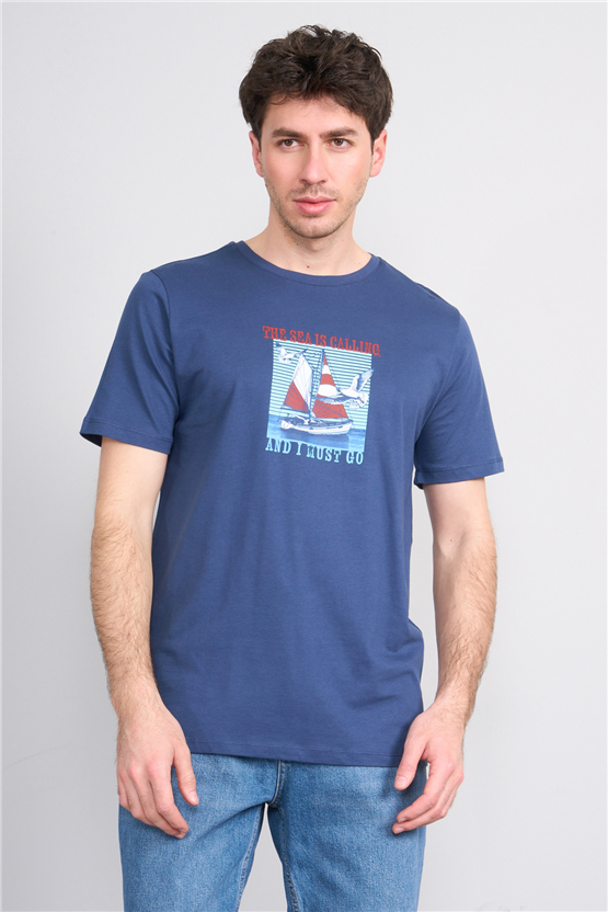Çetinkaya Mentality 4417 Bisiklet Yaka Regular Baskılı T-shirt İndigo