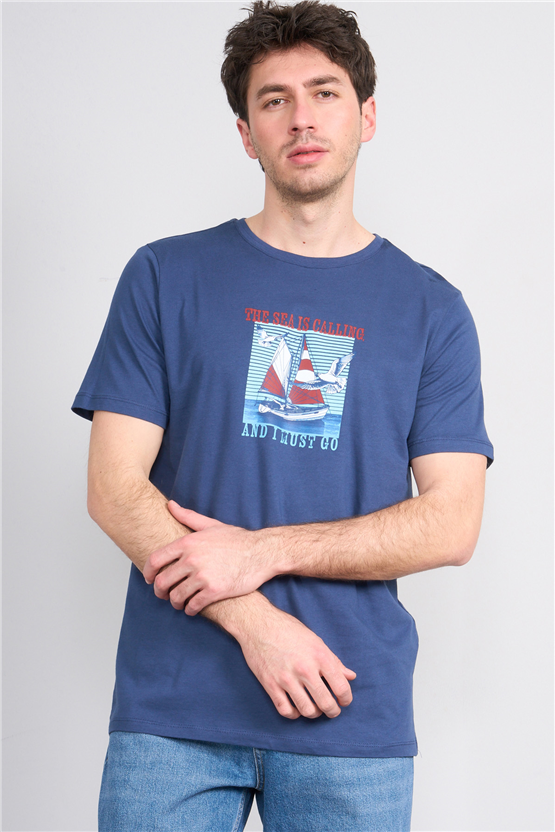 Çetinkaya Mentality 4417 Bisiklet Yaka Regular Baskılı T-shirt İndigo