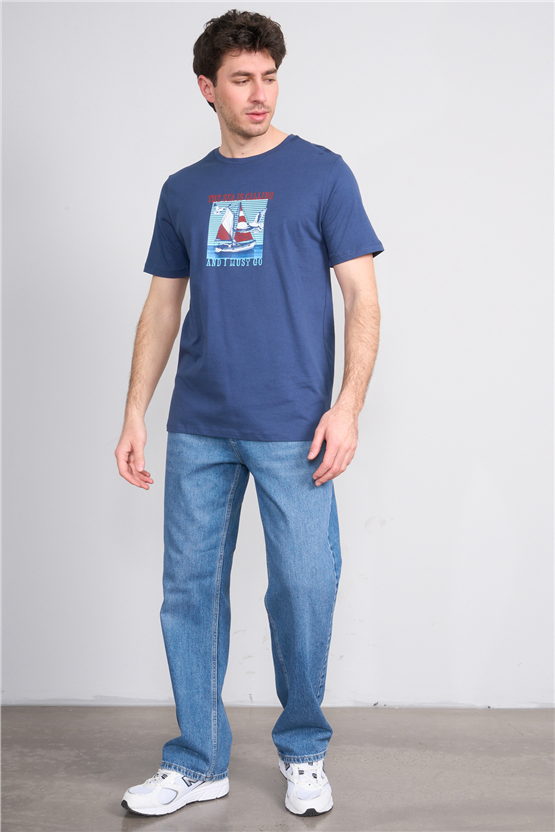 Çetinkaya Mentality 4417 Bisiklet Yaka Regular Baskılı T-shirt İndigo