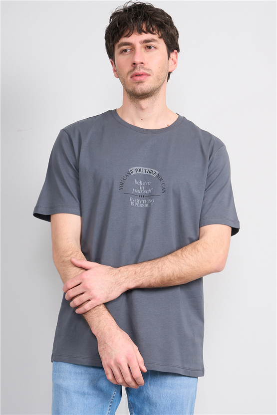 Çetinkaya Mentality 4496 Bisiklet Yaka Regular Baskılı T-shirt Koyu Gri