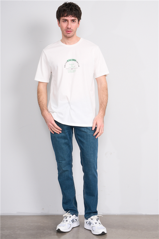 Çetinkaya Mentality 4496 Bisiklet Yaka Regular Baskılı T-shirt Krem