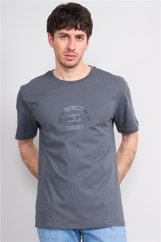 Çetinkaya Mentality 4496 Bisiklet Yaka Regular Baskılı T-shirt Koyu Gri