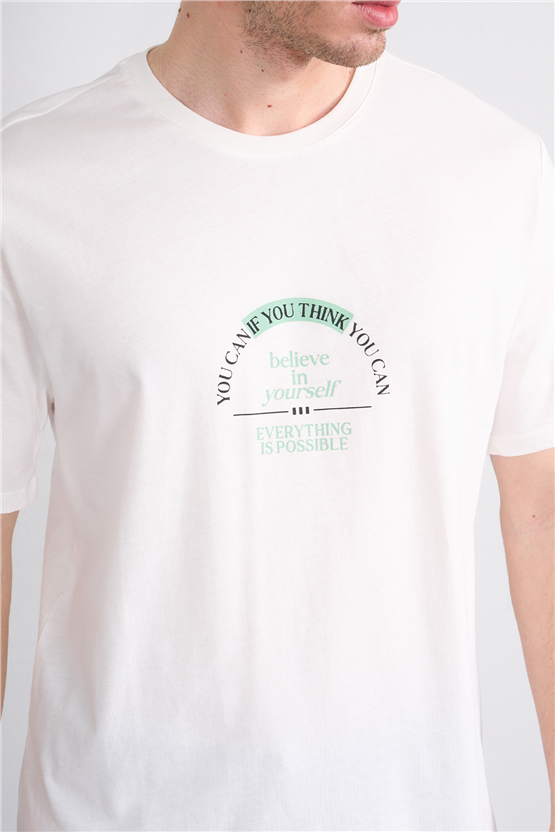 Çetinkaya Mentality 4496 Bisiklet Yaka Regular Baskılı T-shirt Krem