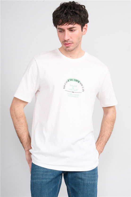 Çetinkaya Mentality 4496 Bisiklet Yaka Regular Baskılı T-shirt Krem