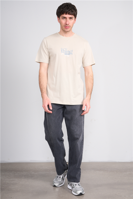 Çetinkaya Mentality 4502 Bisiklet Yaka Regular Baskılı T-shirt Vizon