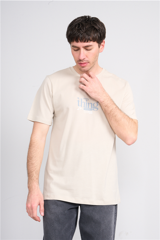 Çetinkaya Mentality 4502 Bisiklet Yaka Regular Baskılı T-shirt Vizon