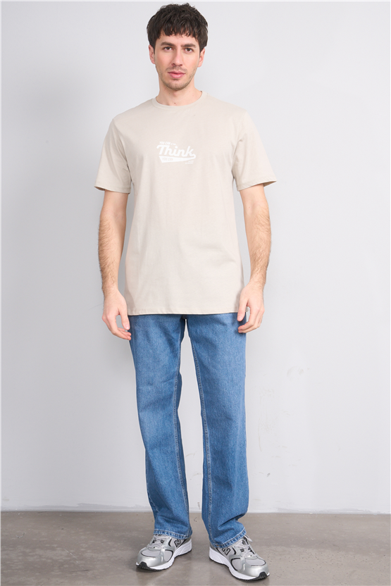 Çetinkaya Mentality 4503 Bisiklet Yaka Regular Baskılı T-shirt Vizon