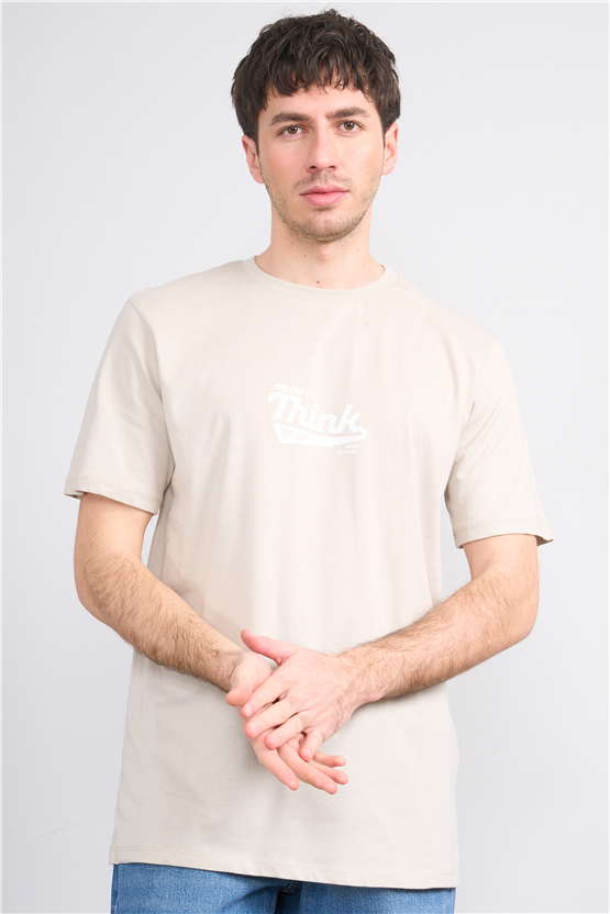 Çetinkaya Mentality 4503 Bisiklet Yaka Regular Baskılı T-shirt Vizon