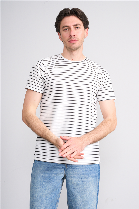 Çetinkaya Mentality 4540 Bisiklet Yaka Regular Çizgili T-shirt Beyaz