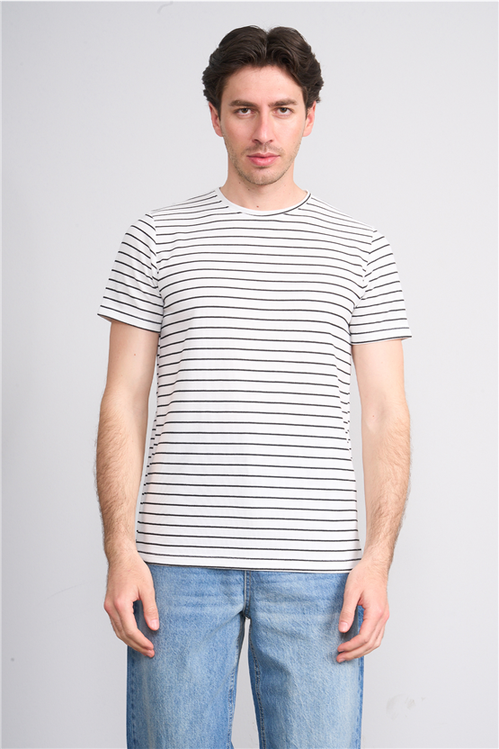Çetinkaya Mentality 4540 Bisiklet Yaka Regular Çizgili T-shirt Beyaz