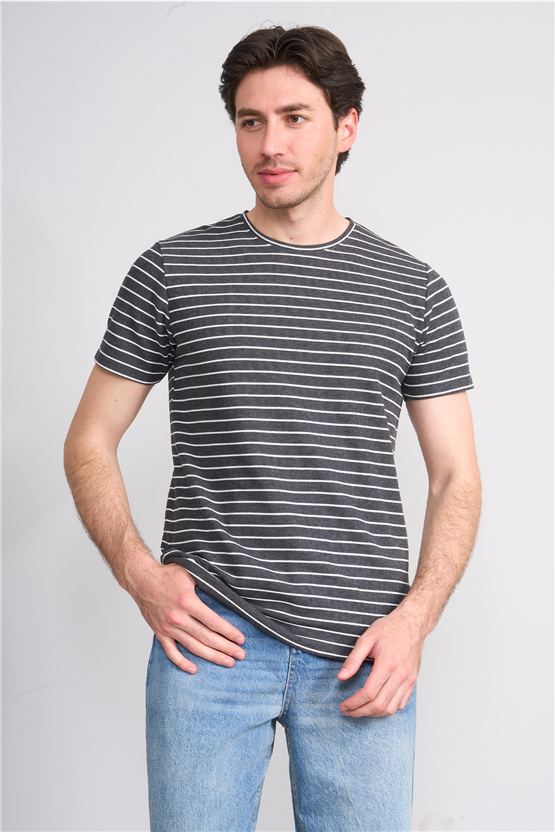 Çetinkaya Mentality 4540 Bisiklet Yaka Regular Çizgili T-shirt Antrasit