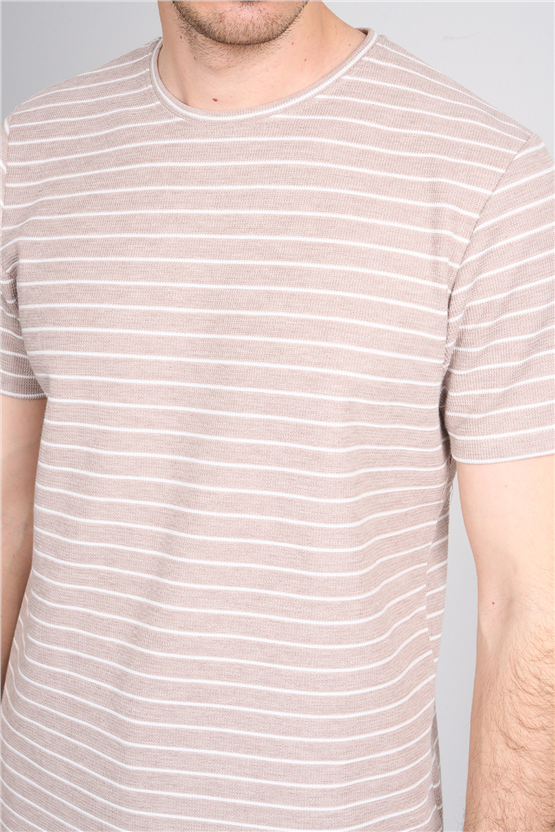 Çetinkaya Mentality 4540 Bisiklet Yaka Regular Çizgili T-shirt Bej
