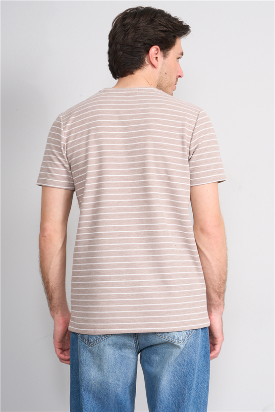 Çetinkaya Mentality 4540 Bisiklet Yaka Regular Çizgili T-shirt Bej