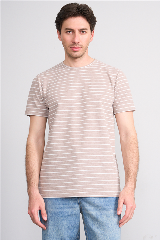 Çetinkaya Mentality 4540 Bisiklet Yaka Regular Çizgili T-shirt Bej