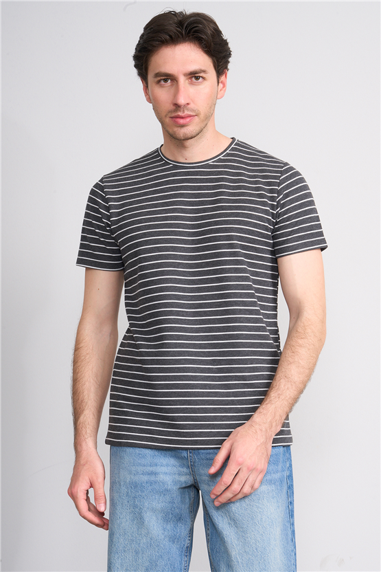 Çetinkaya Mentality 4540 Bisiklet Yaka Regular Çizgili T-shirt Antrasit