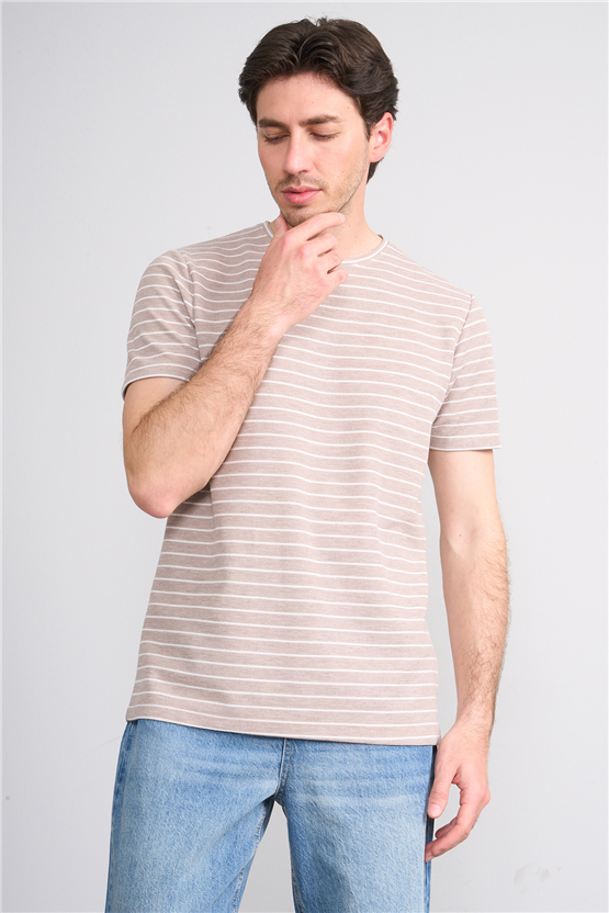 Çetinkaya Mentality 4540 Bisiklet Yaka Regular Çizgili T-shirt Bej