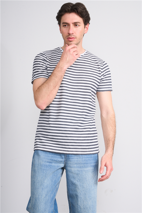 Çetinkaya Mentality 4541 Bisiklet Yaka Regular Çizgili T-shirt Beyaz