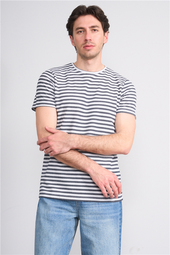 Çetinkaya Mentality 4541 Bisiklet Yaka Regular Çizgili T-shirt Beyaz
