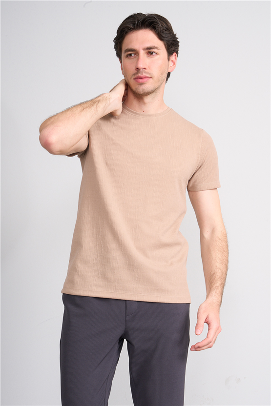 Çetinkaya Mentality 4544 Bisiklet Yaka Regular Modelli T-shirt Bej