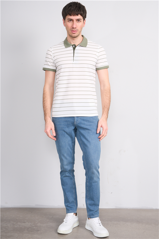 Çetinkaya Mentality 4553 Polo Yaka Regular Çizgili T-shirt Beyaz-Haki