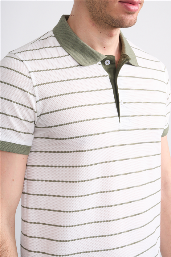 Çetinkaya Mentality 4553 Polo Yaka Regular Çizgili T-shirt Beyaz-Haki