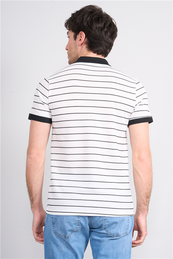 Çetinkaya Mentality 4553 Polo Yaka Regular Çizgili T-shirt Beyaz-Siyah
