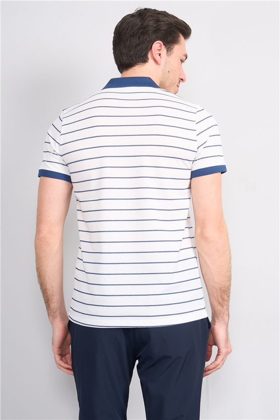 Çetinkaya Mentality 4553 Polo Yaka Regular Çizgili T-shirt Beyaz-İndigo