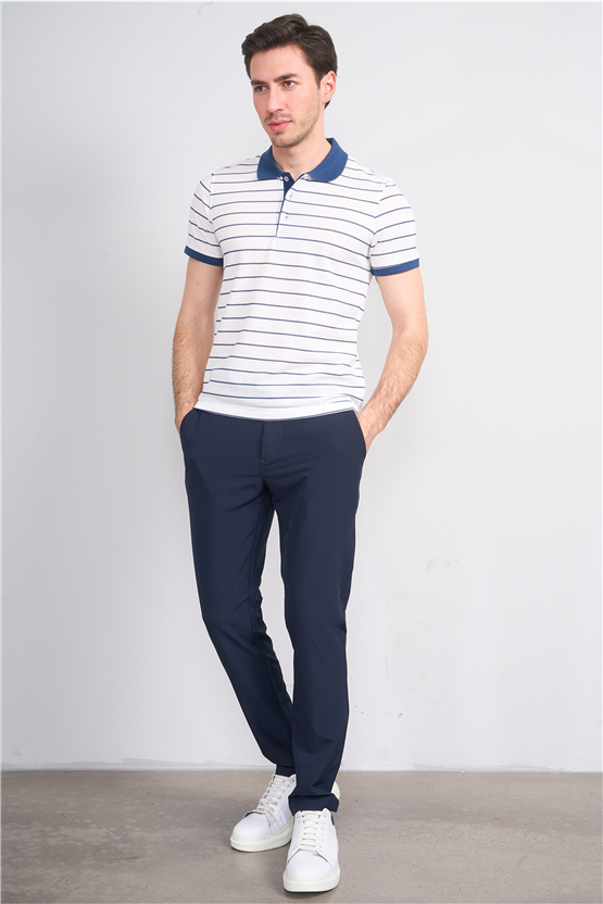 Çetinkaya Mentality 4553 Polo Yaka Regular Çizgili T-shirt Beyaz-İndigo
