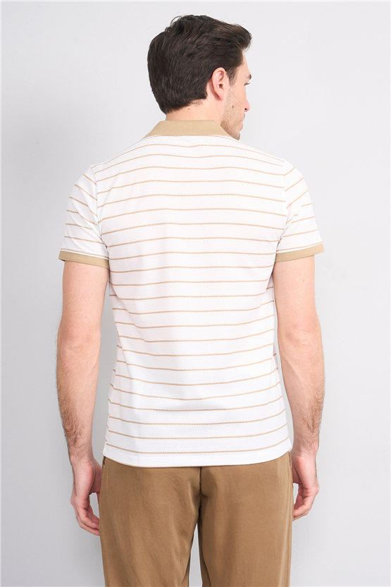 Çetinkaya Mentality 4553 Polo Yaka Regular Çizgili T-shirt Beyaz-Taş