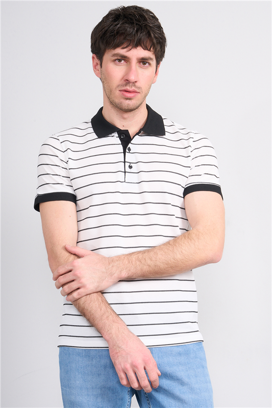 Çetinkaya Mentality 4553 Polo Yaka Regular Çizgili T-shirt Beyaz-Siyah