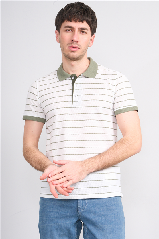 Çetinkaya Mentality 4553 Polo Yaka Regular Çizgili T-shirt Beyaz-Haki