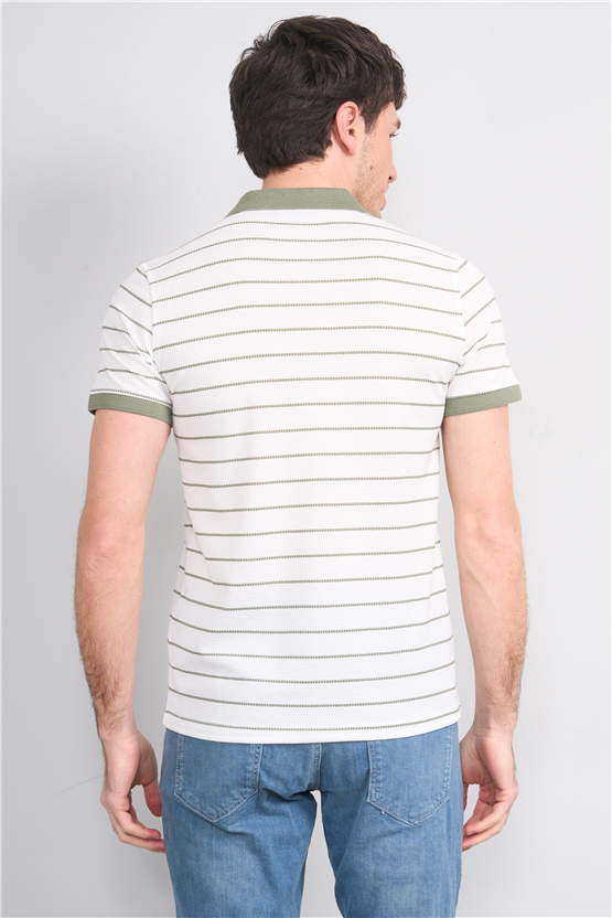Çetinkaya Mentality 4553 Polo Yaka Regular Çizgili T-shirt Beyaz-Haki